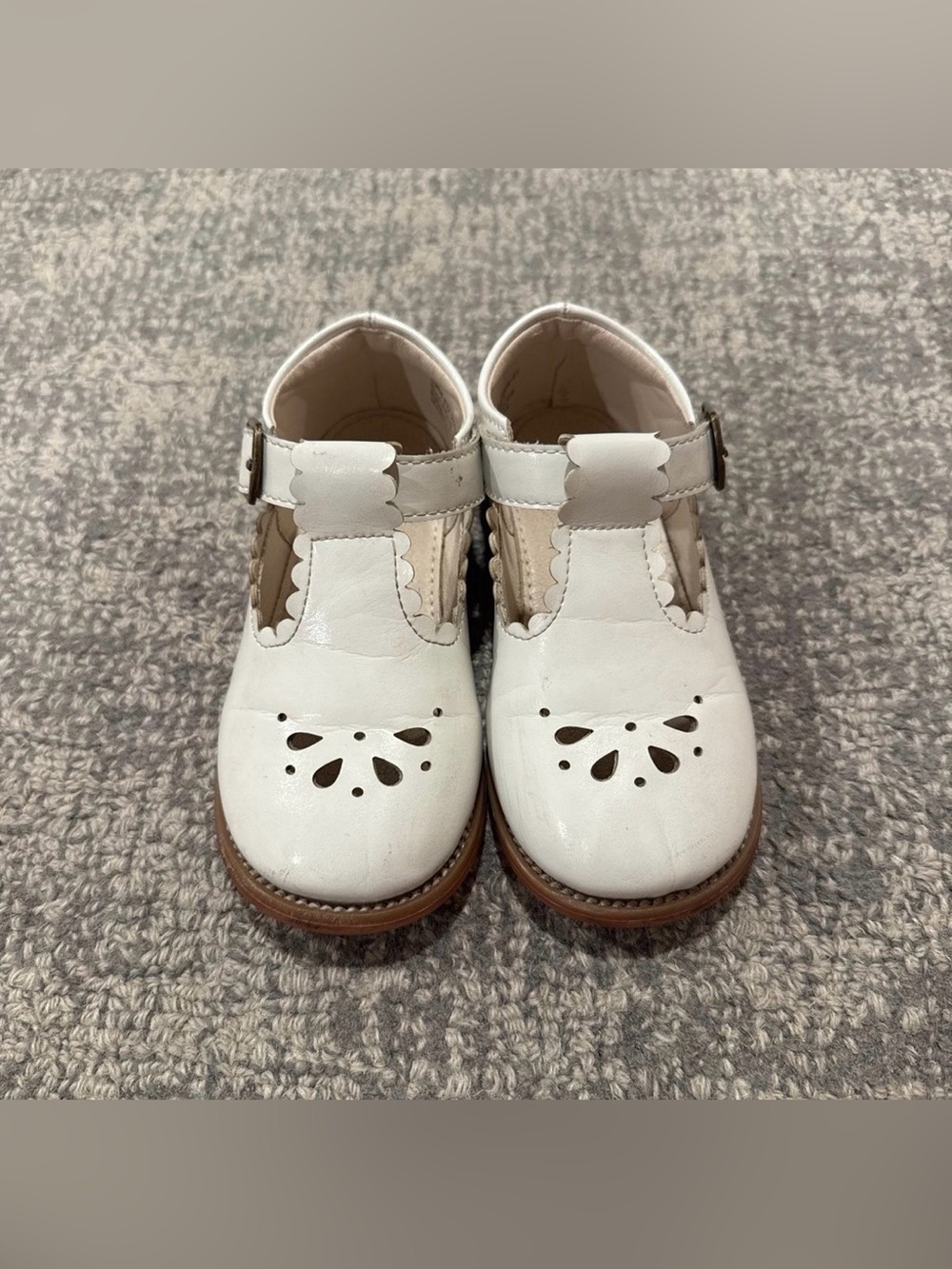 Girls White T-Strap Dress Shoes with Floral Cutouts